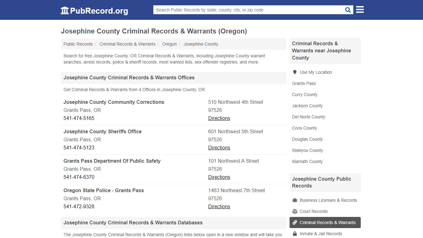 Josephine County Criminal Records & Warrants (Oregon)